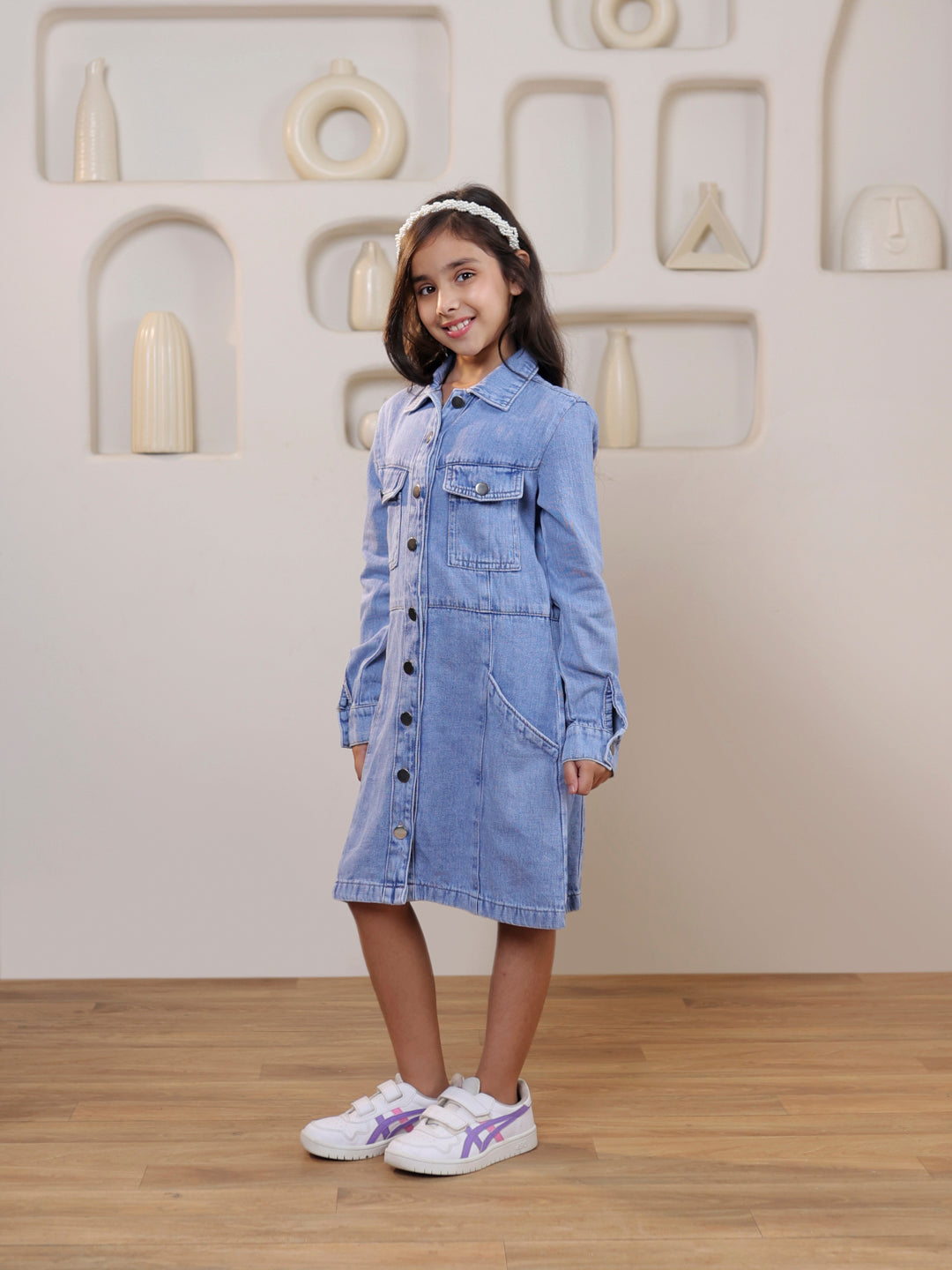 Girls Full sleeves denim solid shirt dress