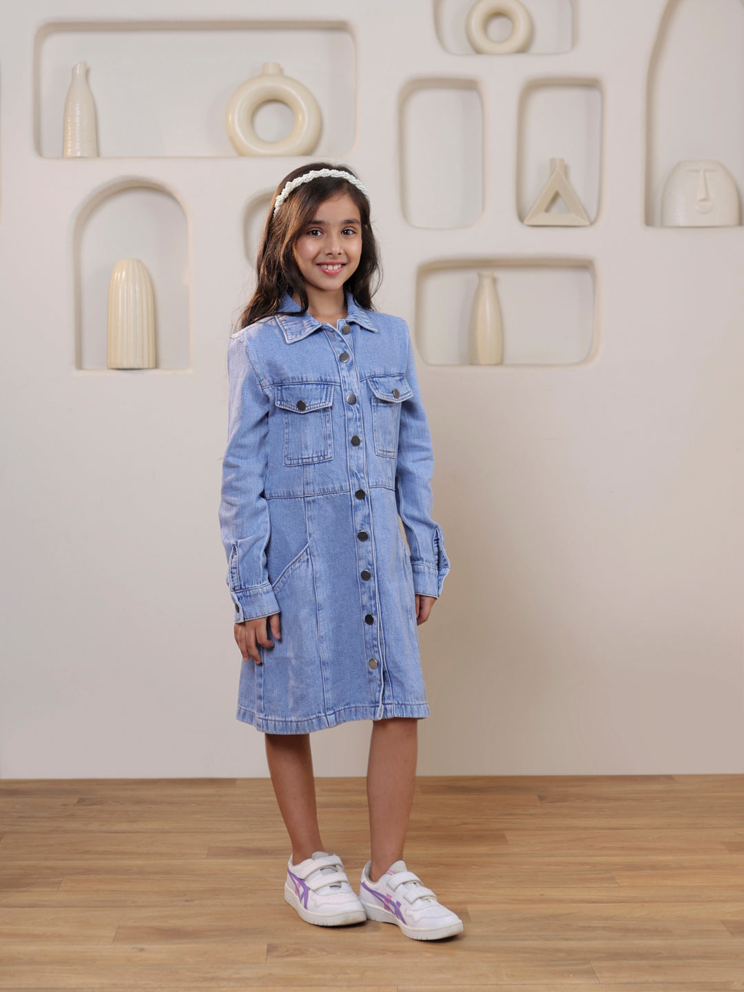 Girls Full sleeves denim solid shirt dress