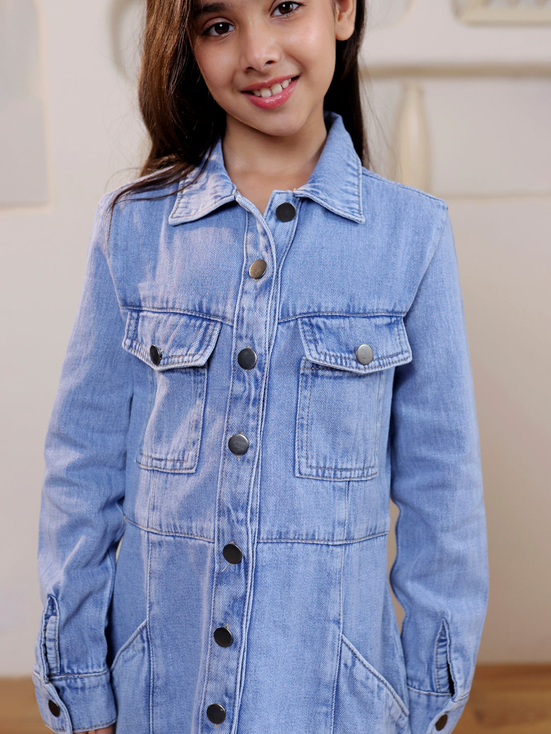 Girls Full sleeves denim solid shirt dress