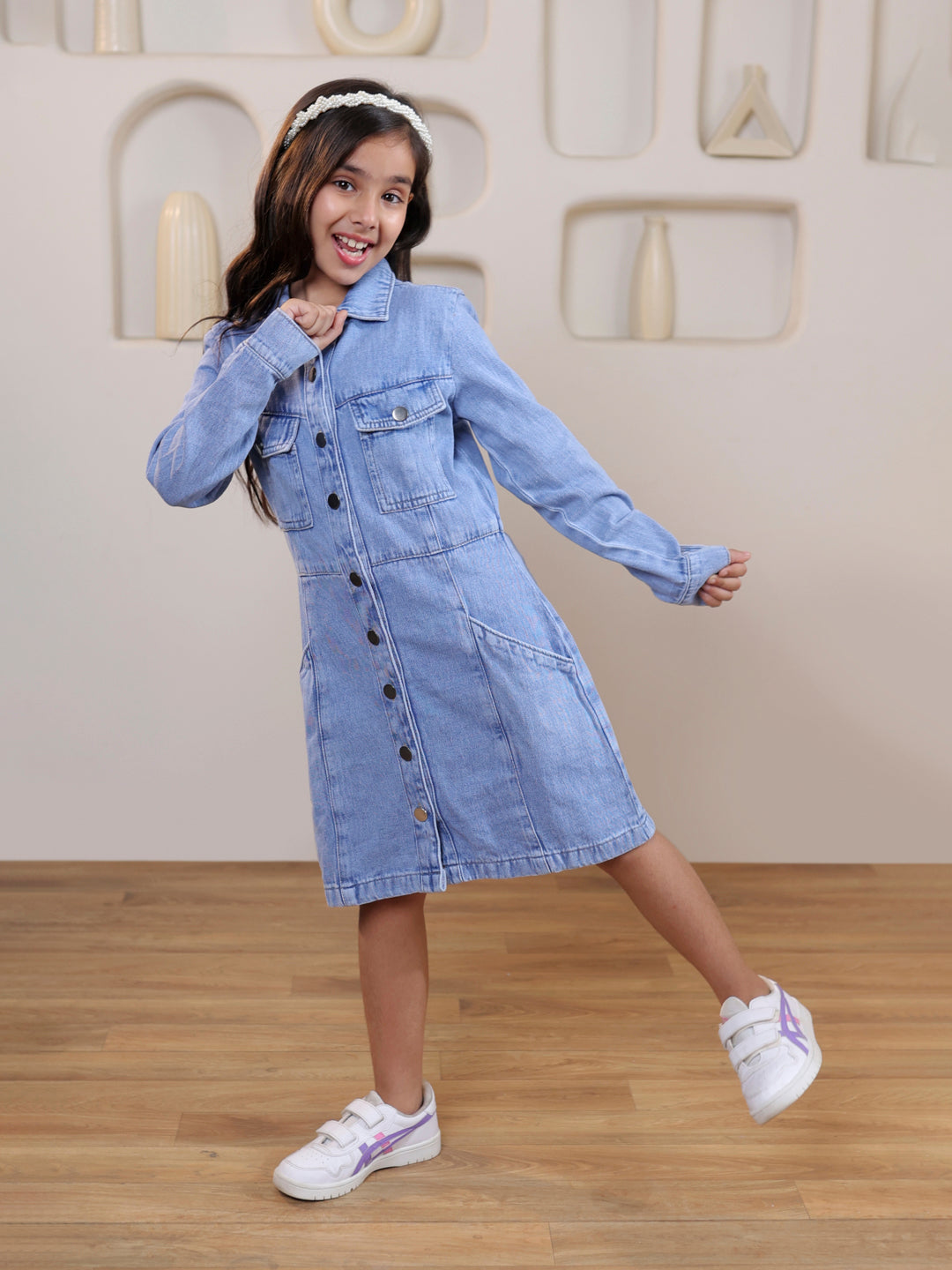 Girls Full sleeves denim solid shirt dress