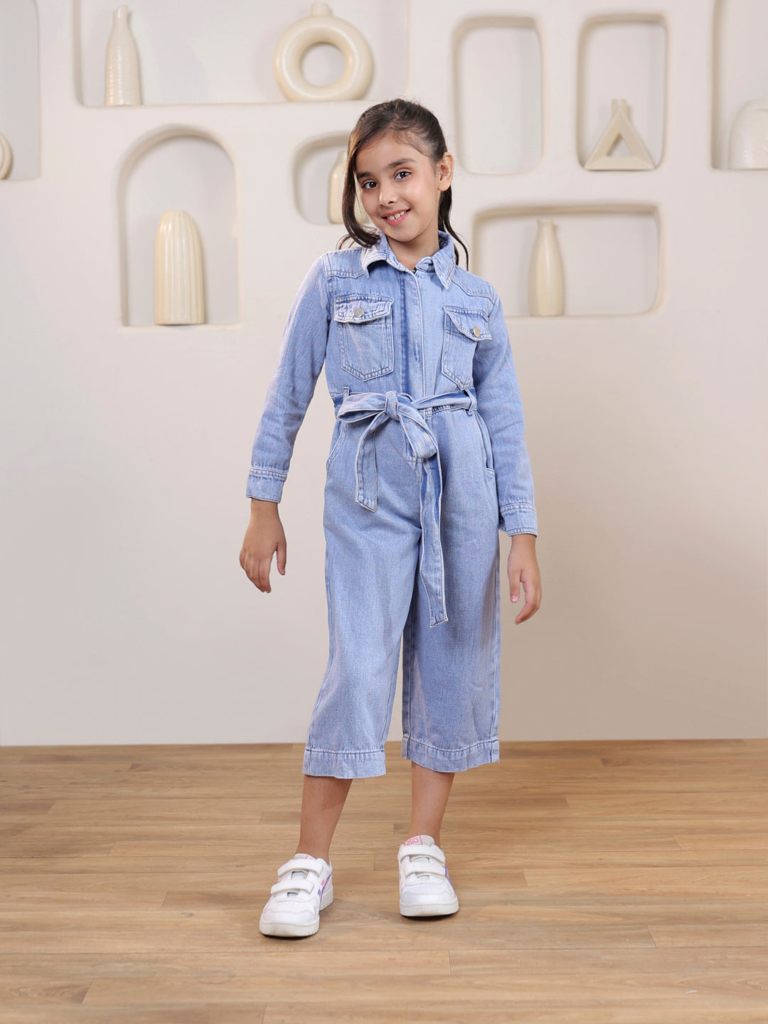 Collared Denim belted ankle length Jumpsuit