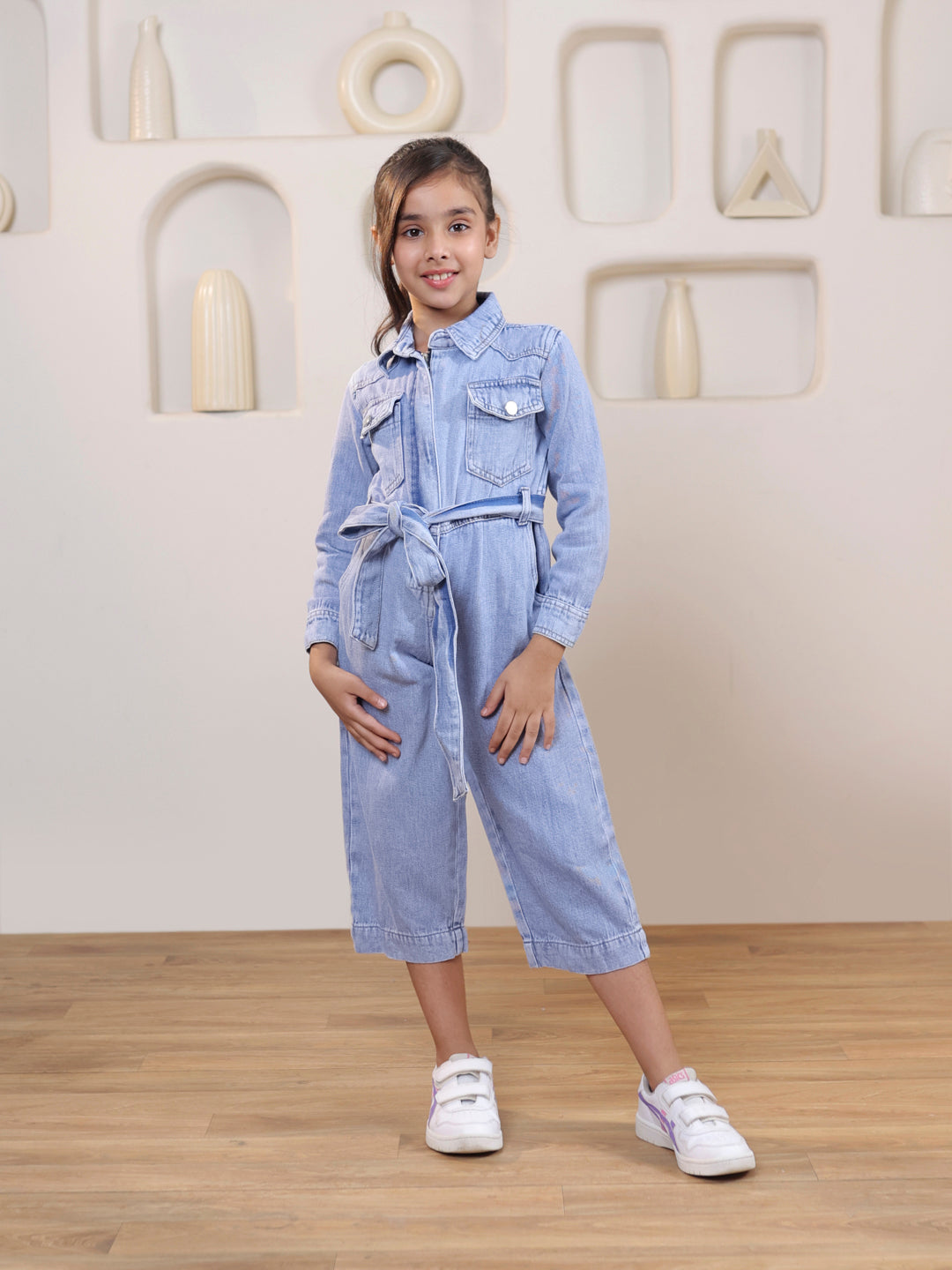 Collared Denim belted ankle length Jumpsuit
