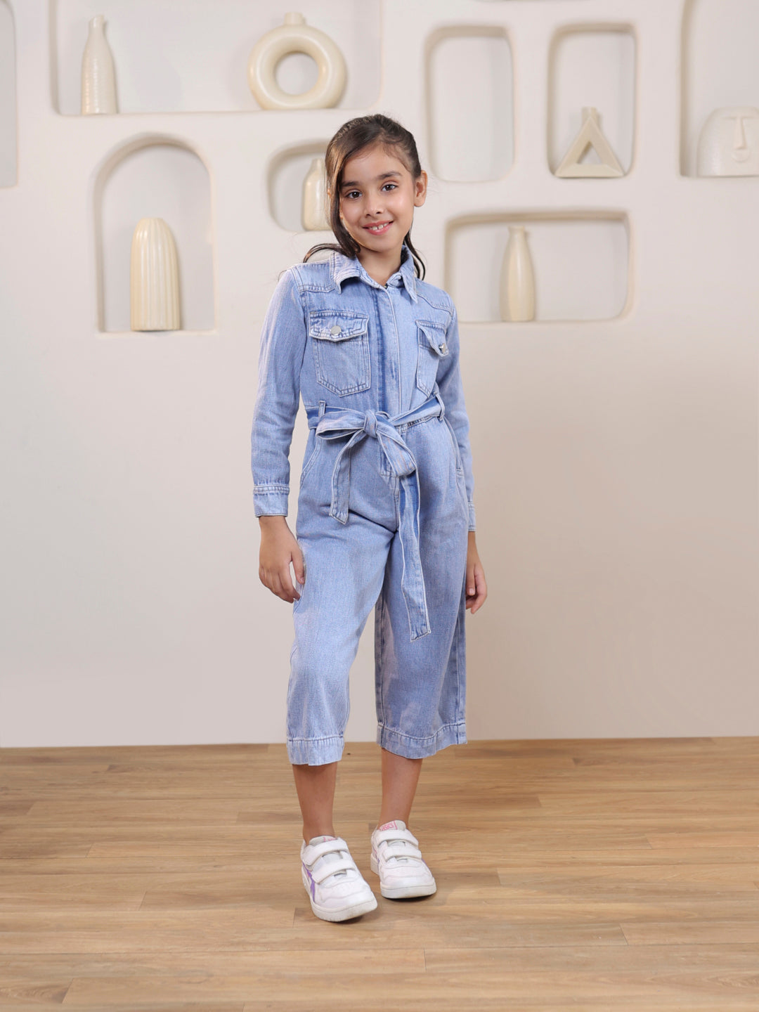 Collared Denim belted ankle length Jumpsuit