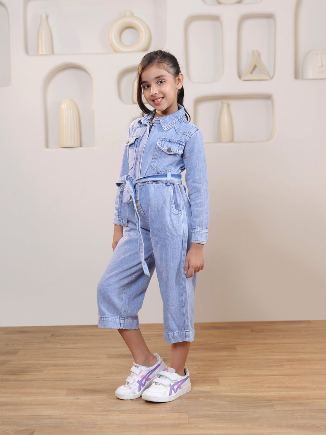 Collared Denim belted ankle length Jumpsuit