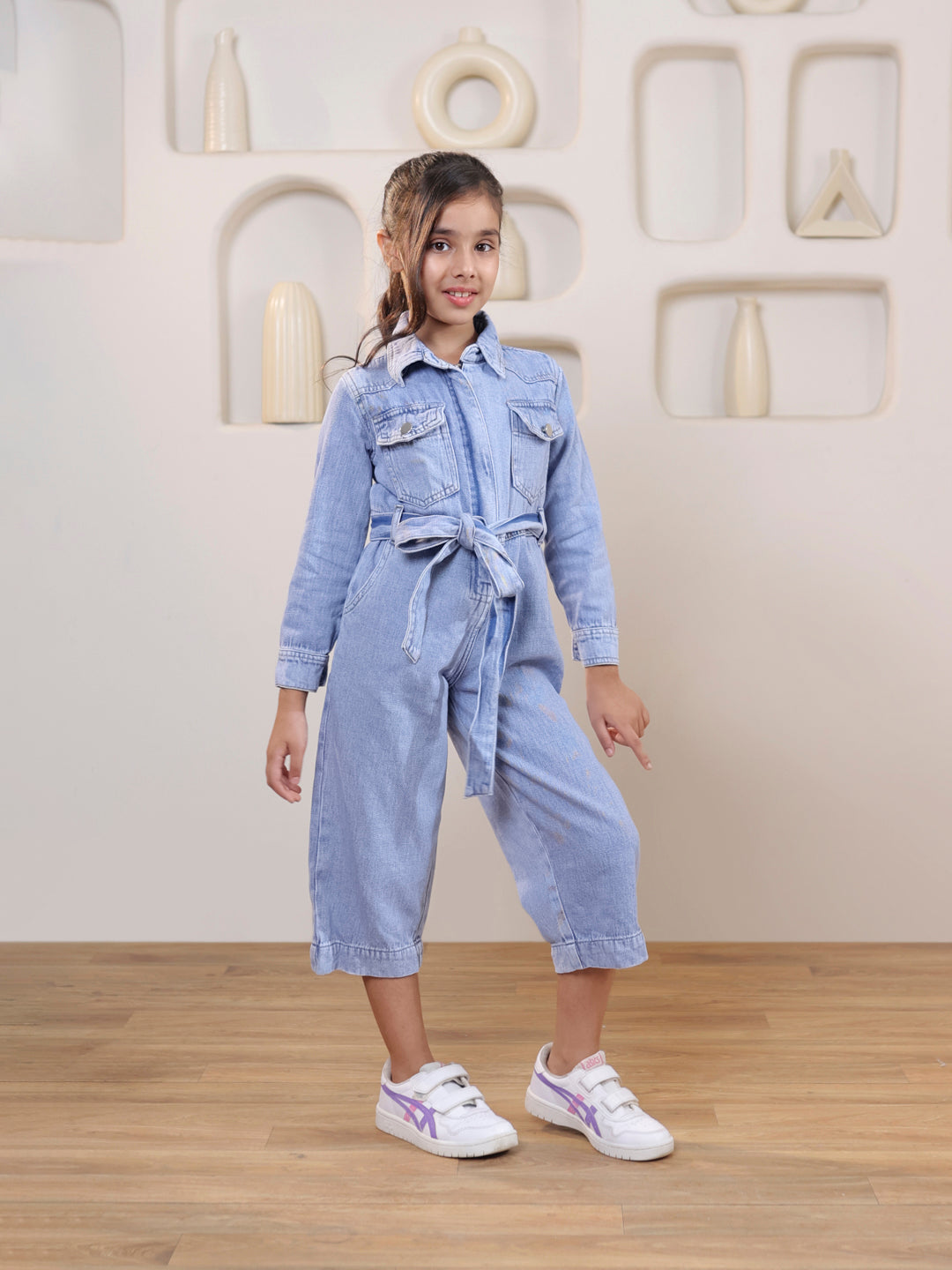 Collared Denim belted ankle length Jumpsuit