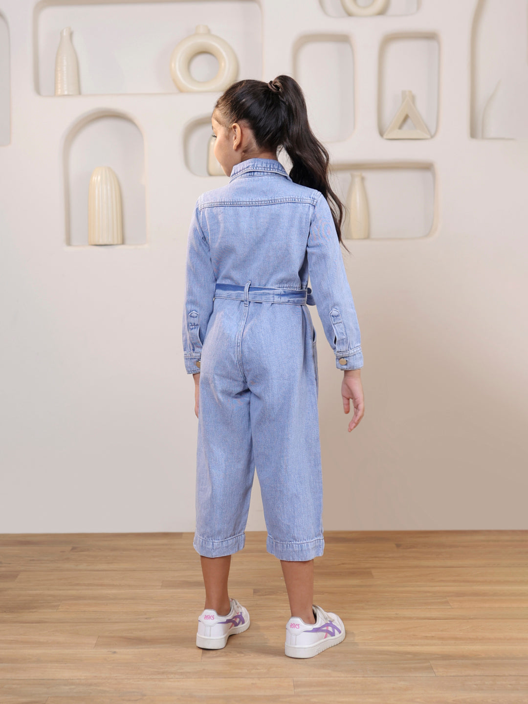 Collared Denim belted ankle length Jumpsuit