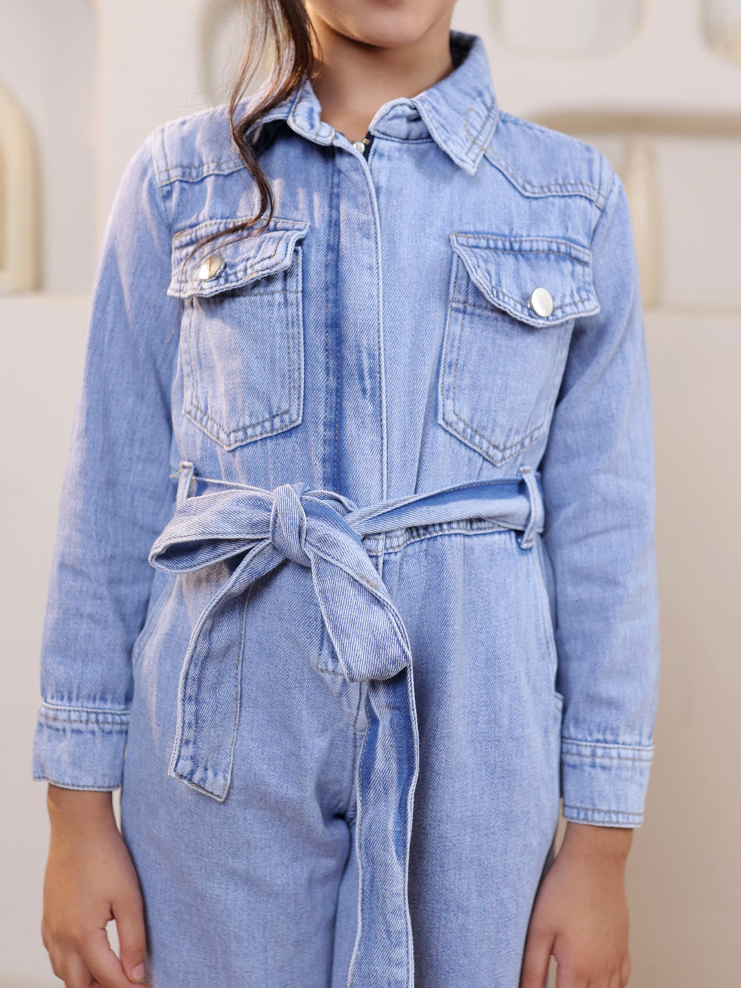 Collared Denim belted ankle length Jumpsuit