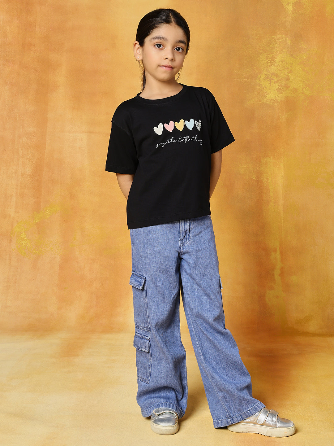 Pure cotton denim cargo with printed regular loose fit t-shirt