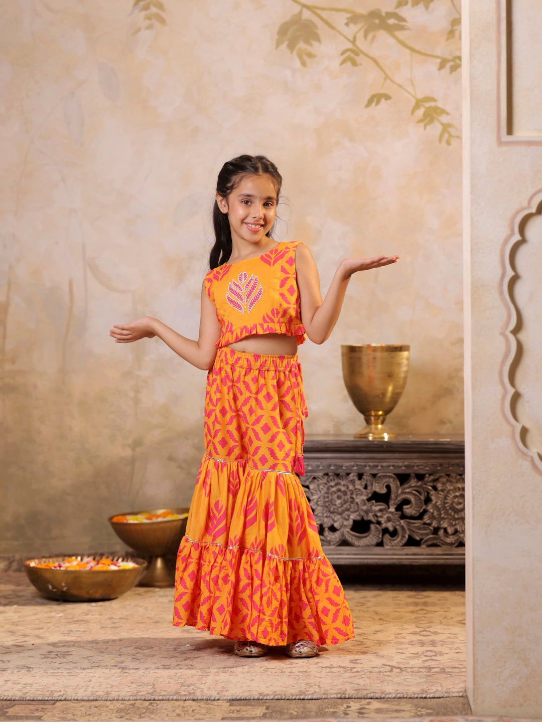 Embroidered printed top & pleated sharara set