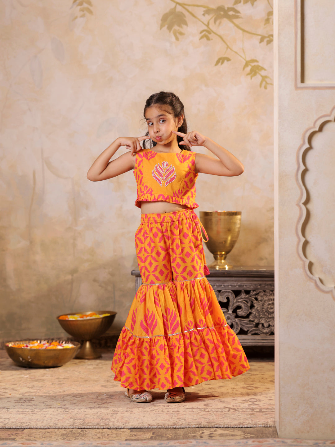 Embroidered printed top & pleated sharara set