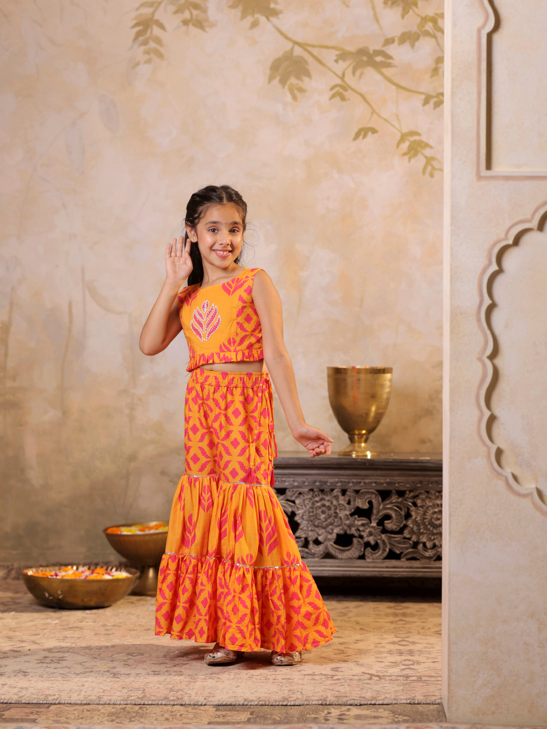 Embroidered printed top & pleated sharara set