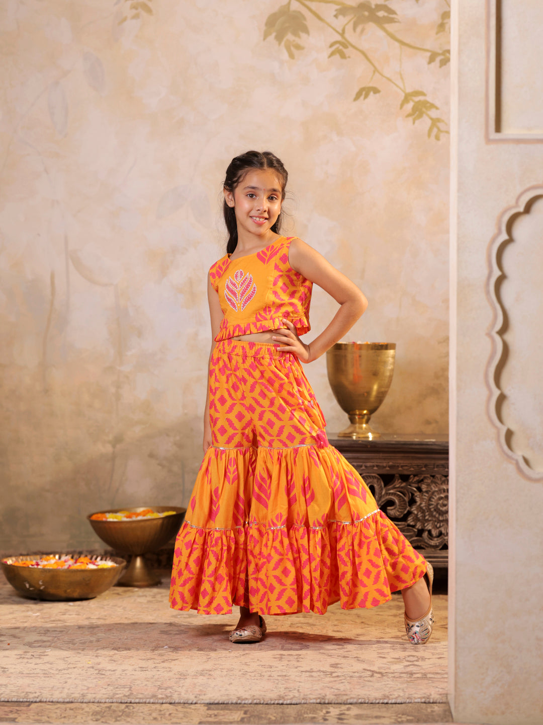 Embroidered printed top & pleated sharara set