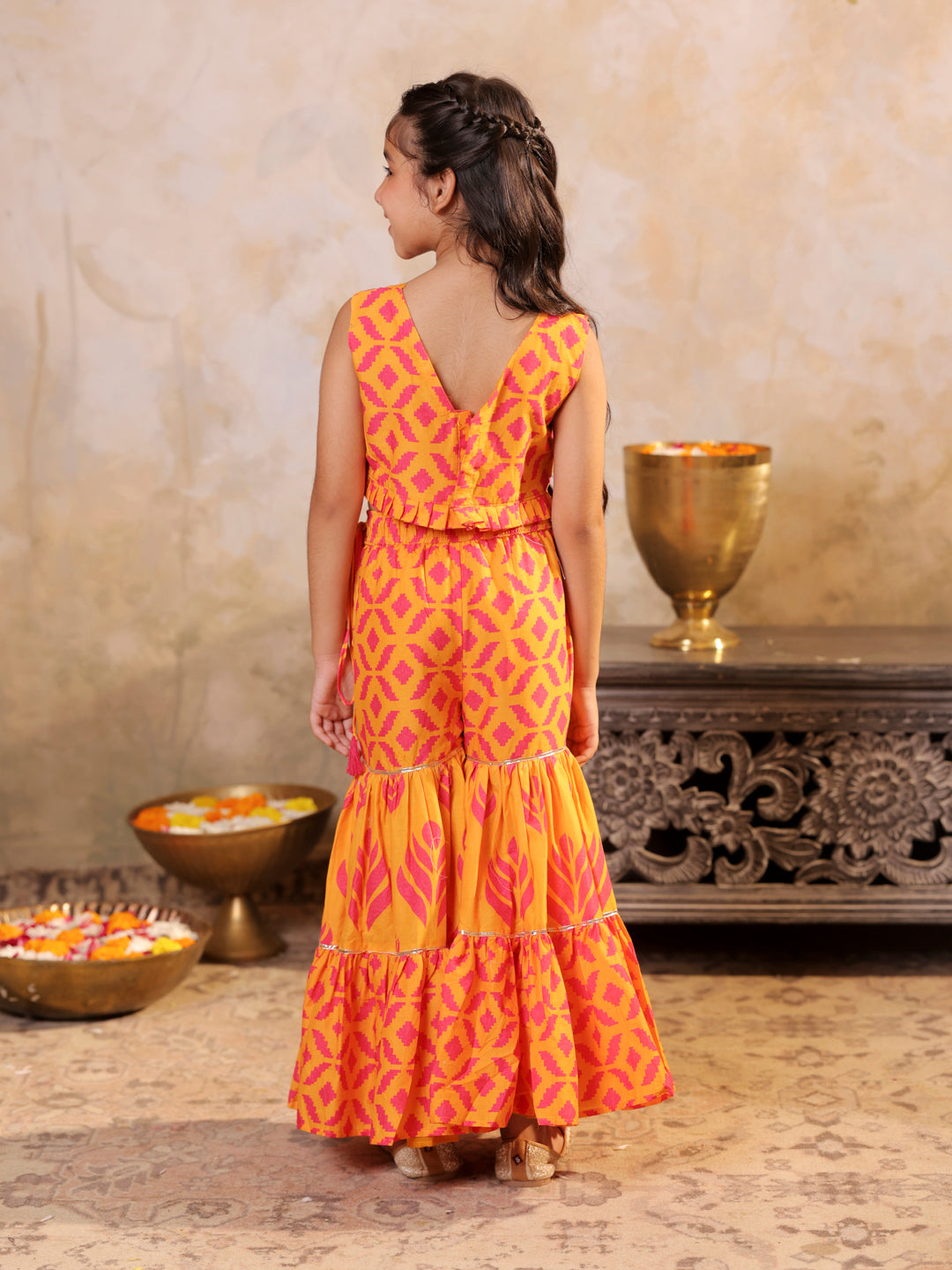 Embroidered printed top & pleated sharara set