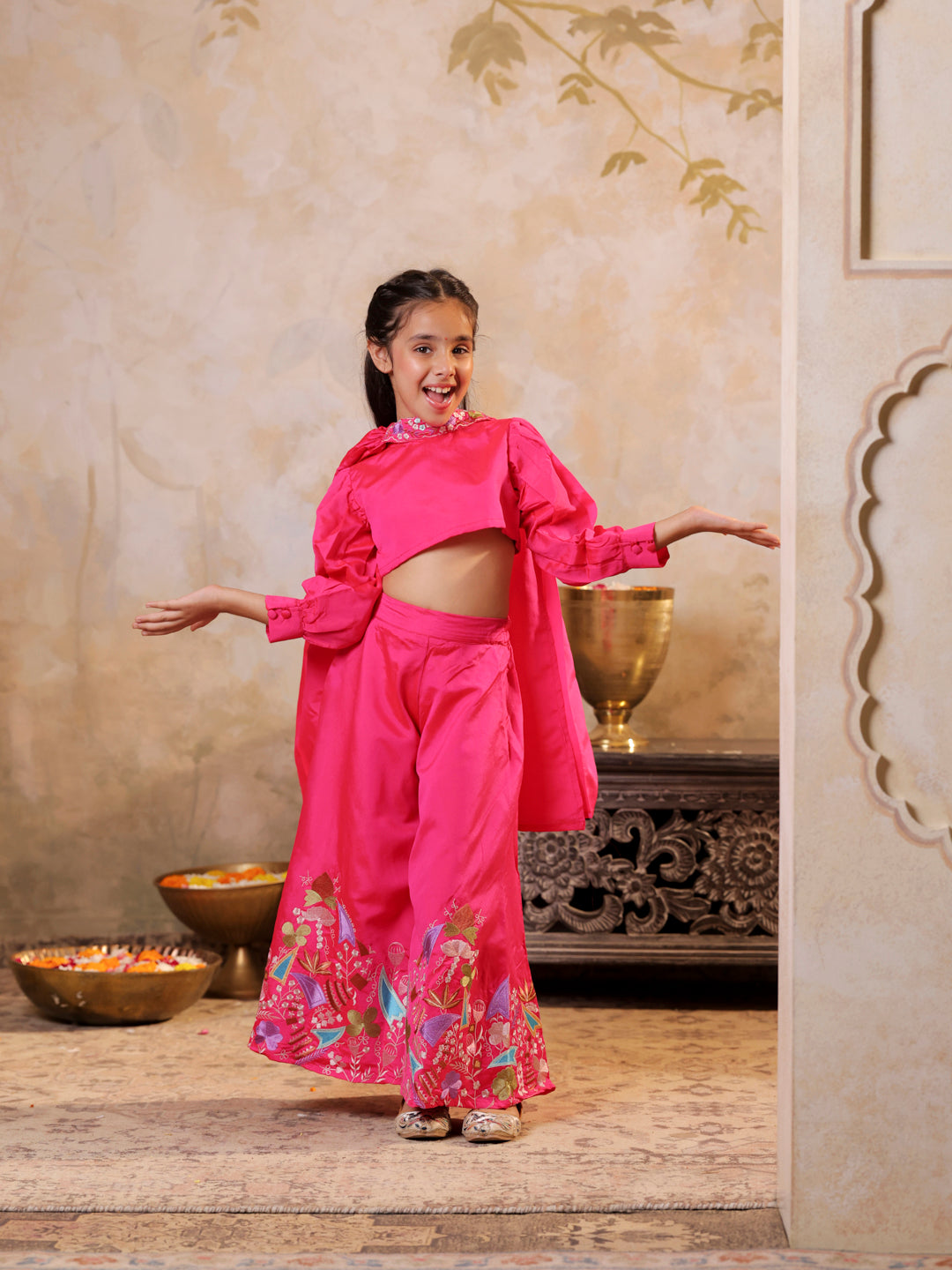 Stylish full sleeves Top with embroidered palazzo and dupatta