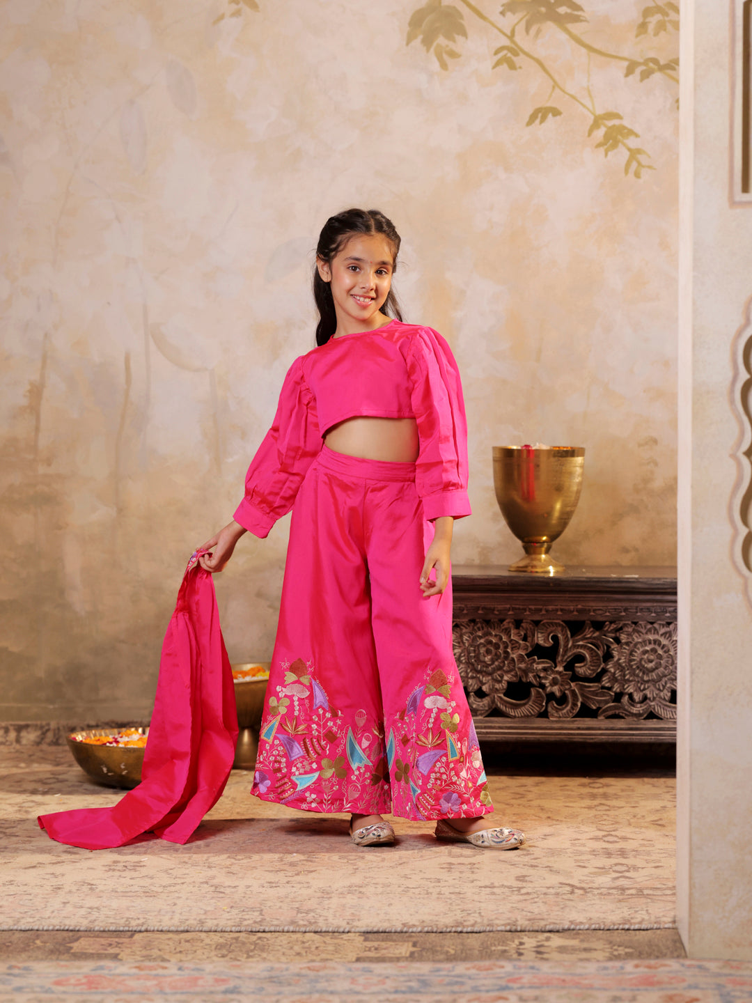 Stylish full sleeves Top with embroidered palazzo and dupatta