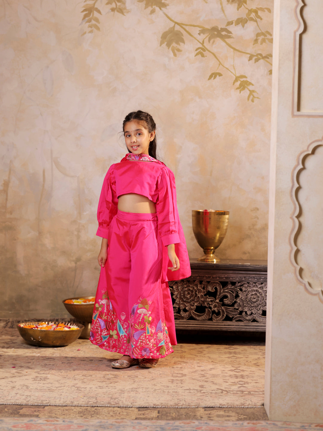 Stylish full sleeves Top with embroidered palazzo and dupatta