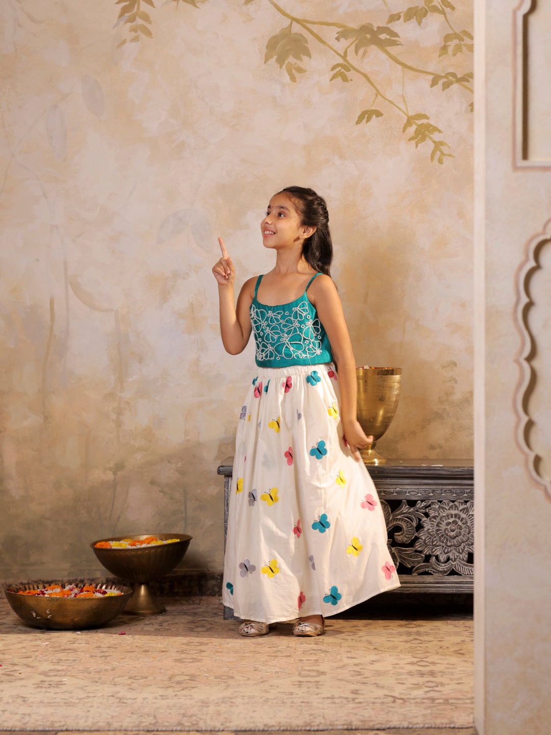 Butterfly embroidered strappy top with flared lehenga