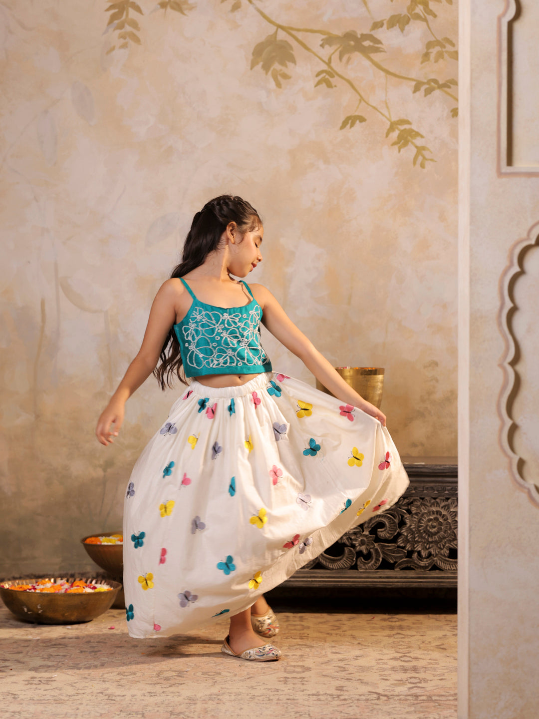 Butterfly embroidered strappy top with flared lehenga