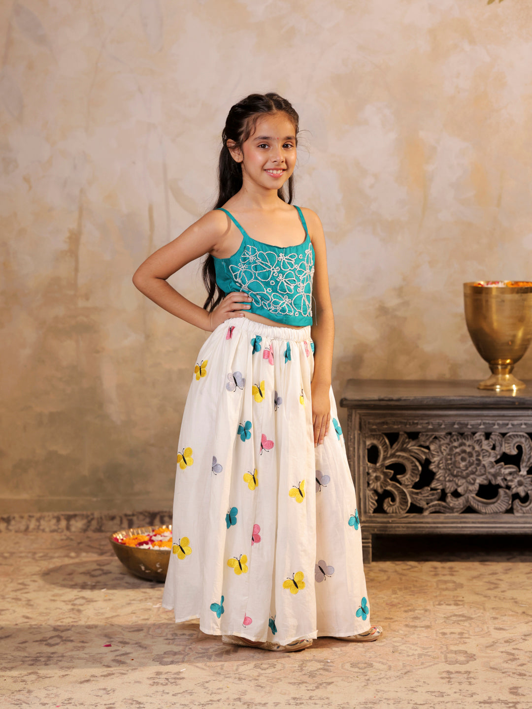 Butterfly embroidered strappy top with flared lehenga