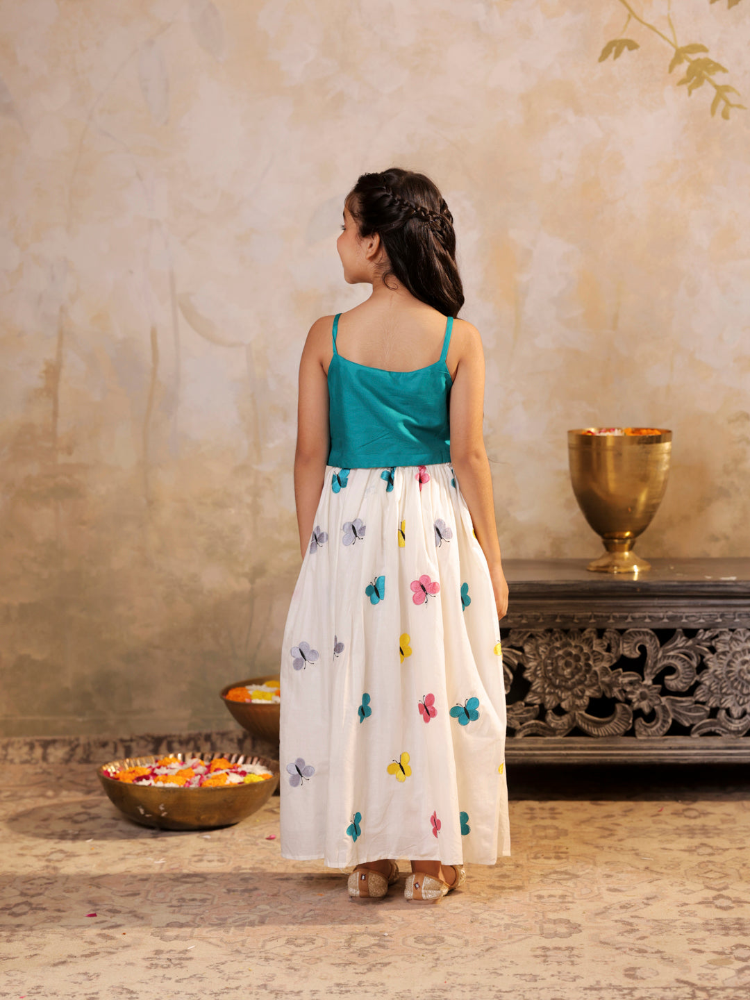 Butterfly embroidered strappy top with flared lehenga