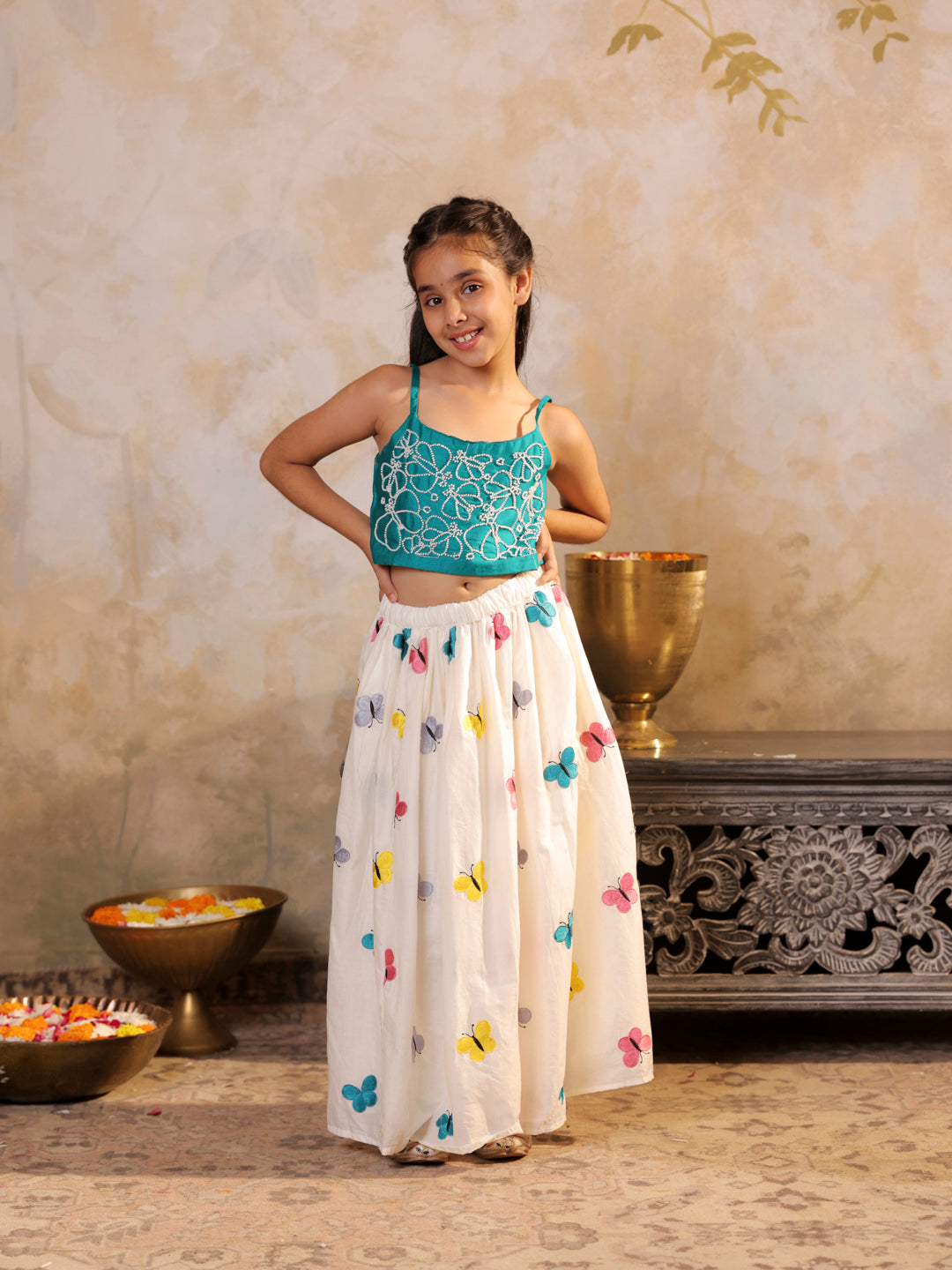 Butterfly embroidered strappy top with flared lehenga