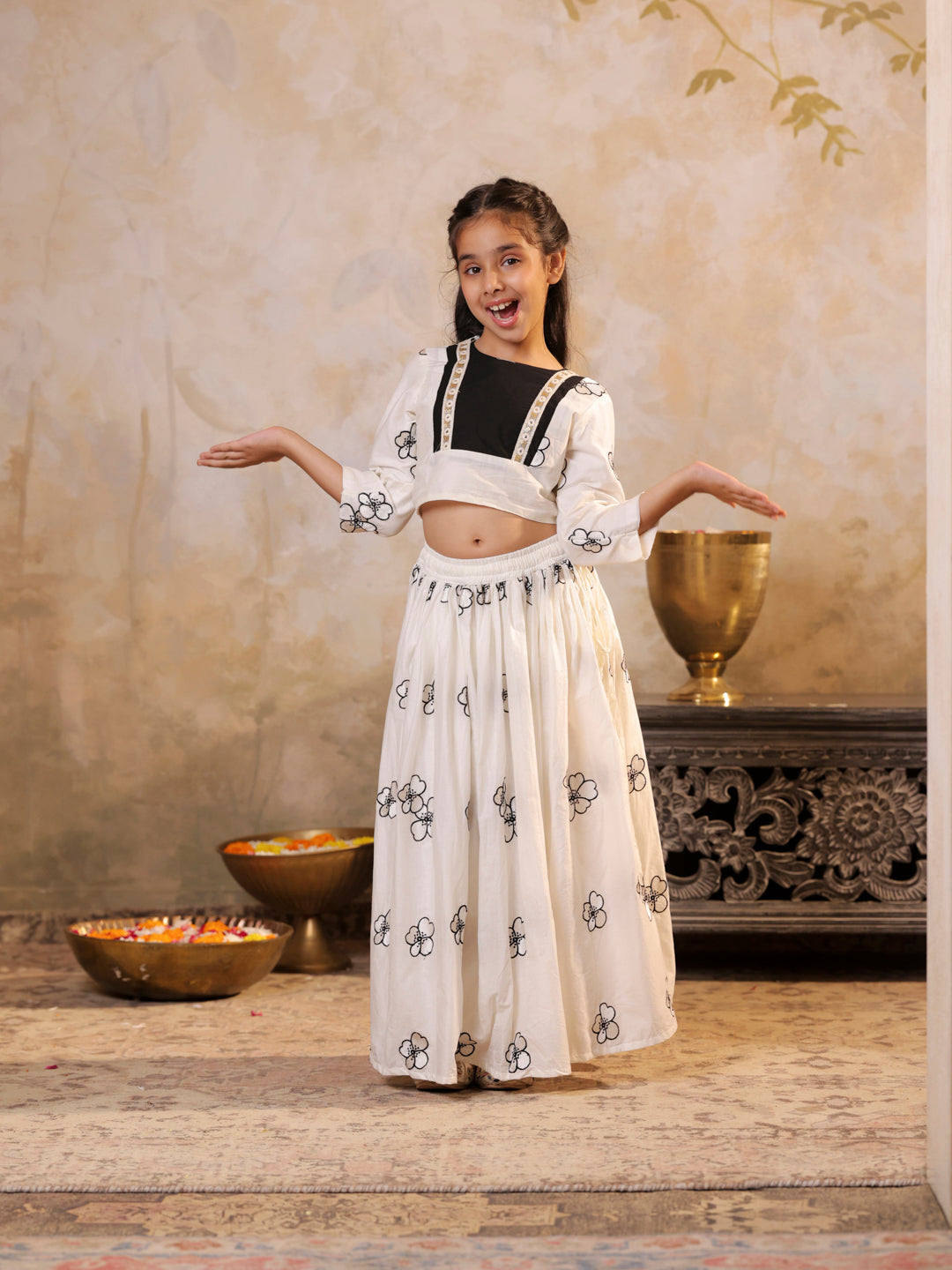 Cotton floral embroidered Off white Top and Lehenga