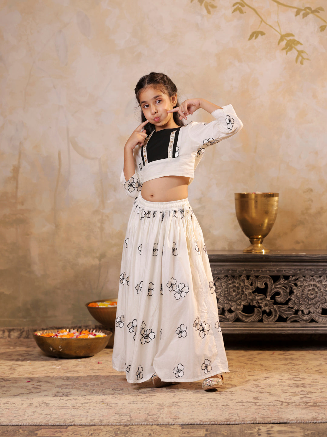 Cotton floral embroidered Off white Top and Lehenga