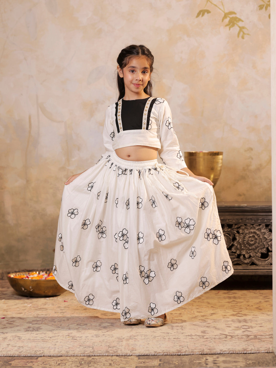 Cotton floral embroidered Off white Top and Lehenga