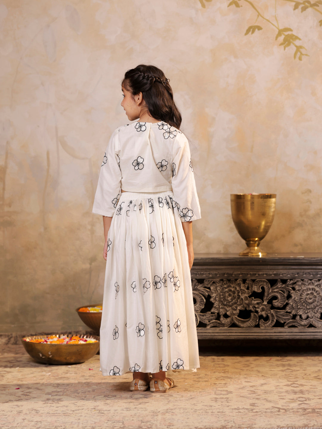 Cotton floral embroidered Off white Top and Lehenga