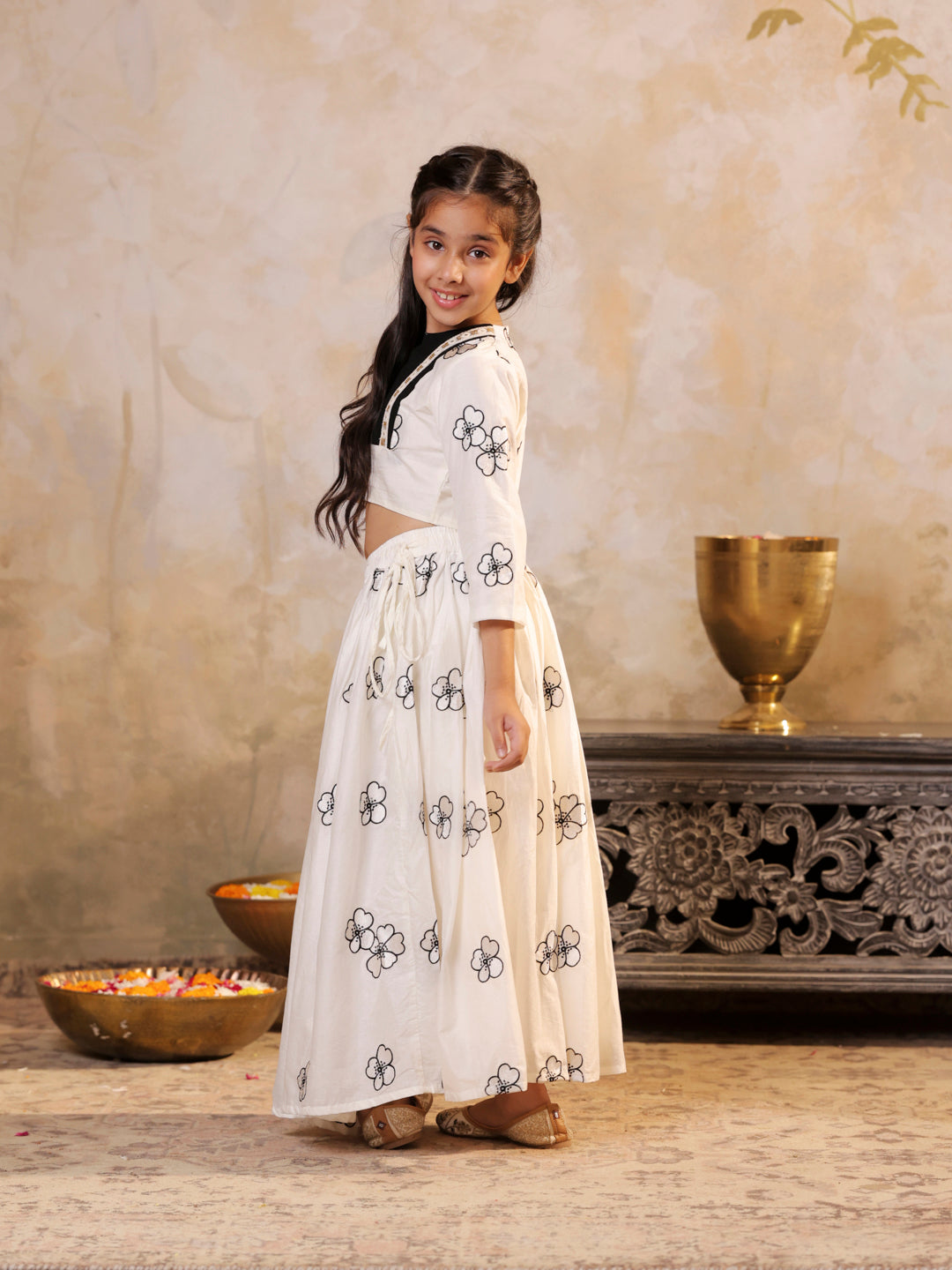 Cotton floral embroidered Off white Top and Lehenga