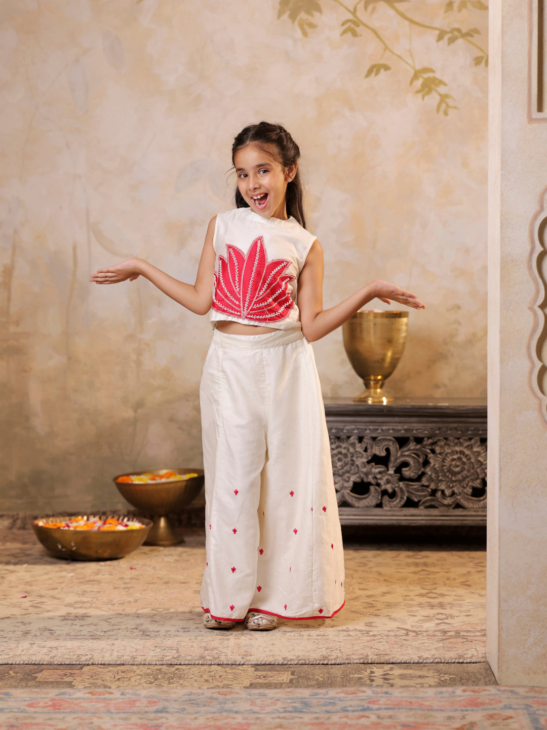 Top with lotus applique embroidery and palazzo