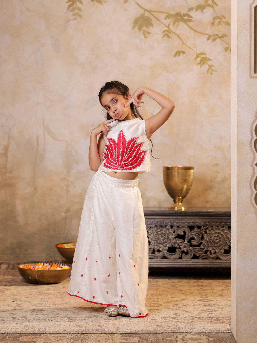 Top with lotus applique embroidery and palazzo