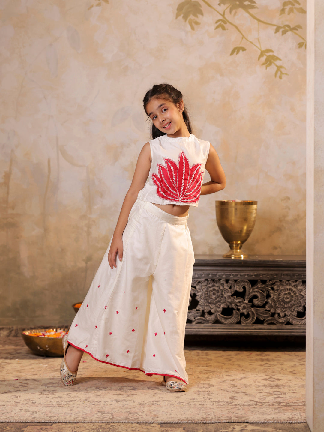 Top with lotus applique embroidery and palazzo