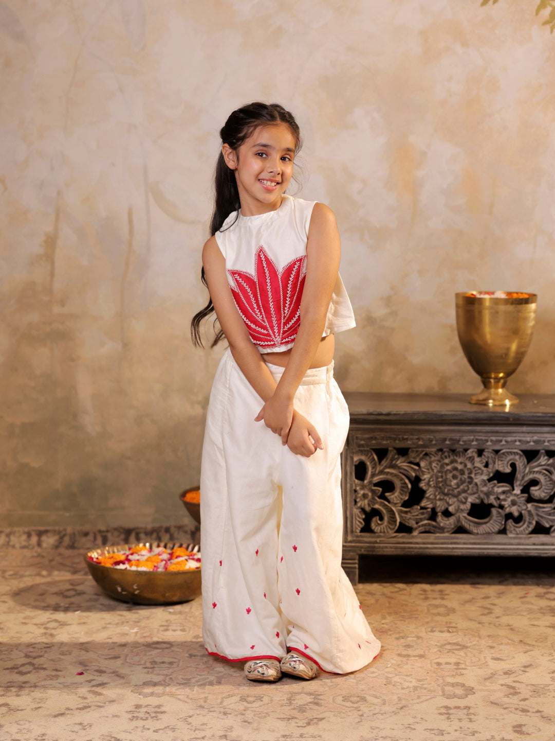 Top with lotus applique embroidery and palazzo