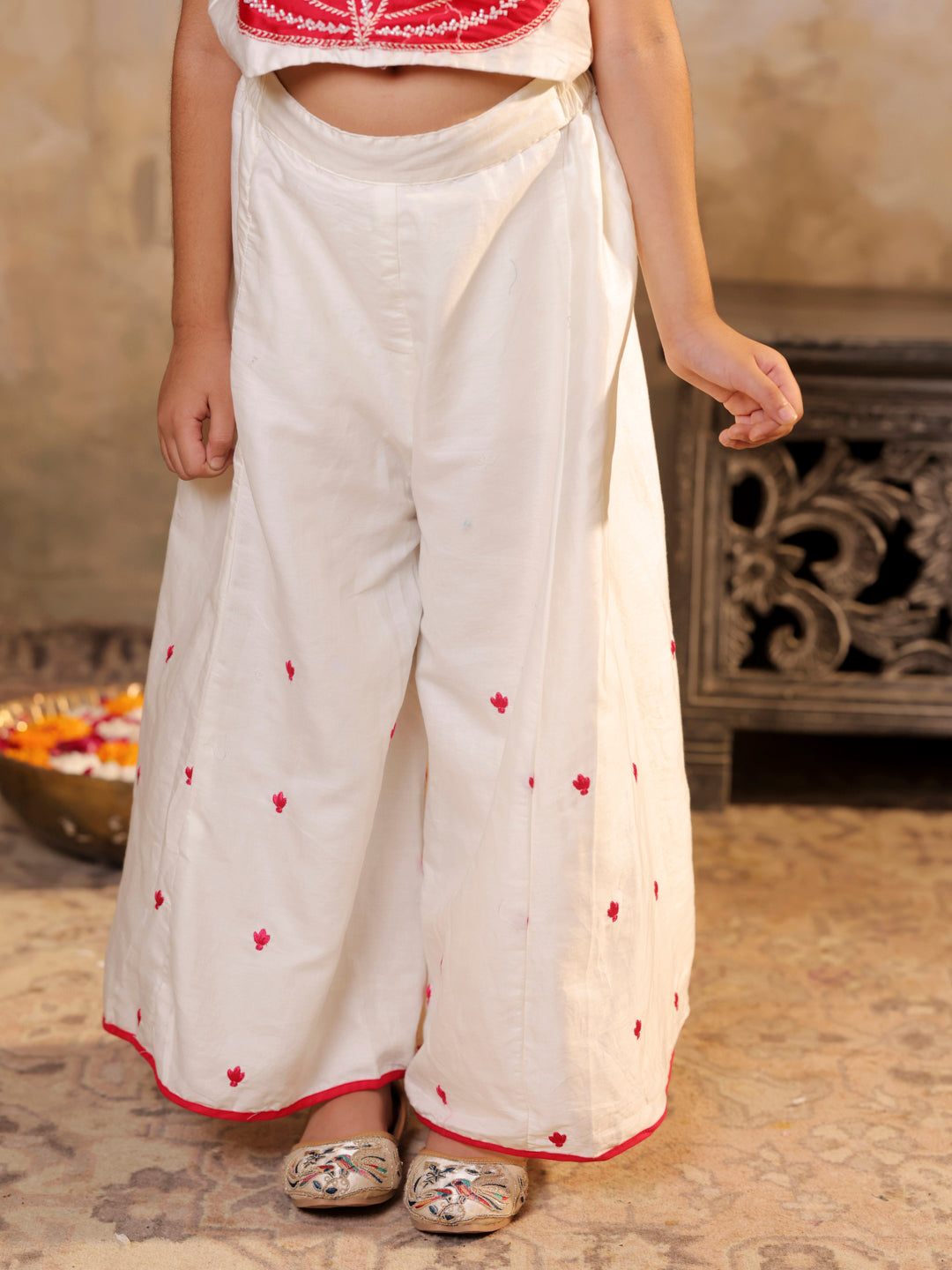 Top with lotus applique embroidery and palazzo