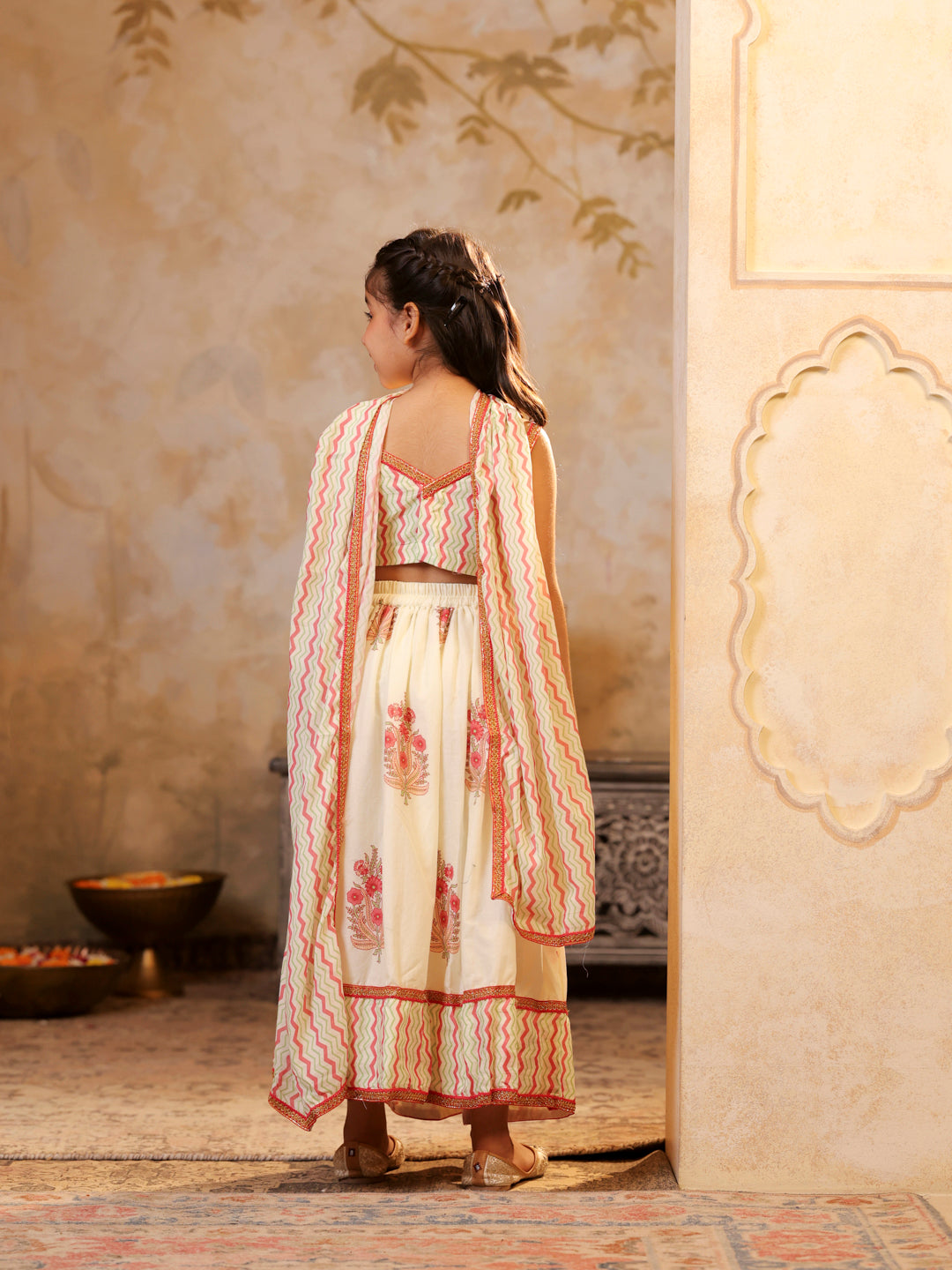 Chevron print strappy top with lehenga and matching dupatta