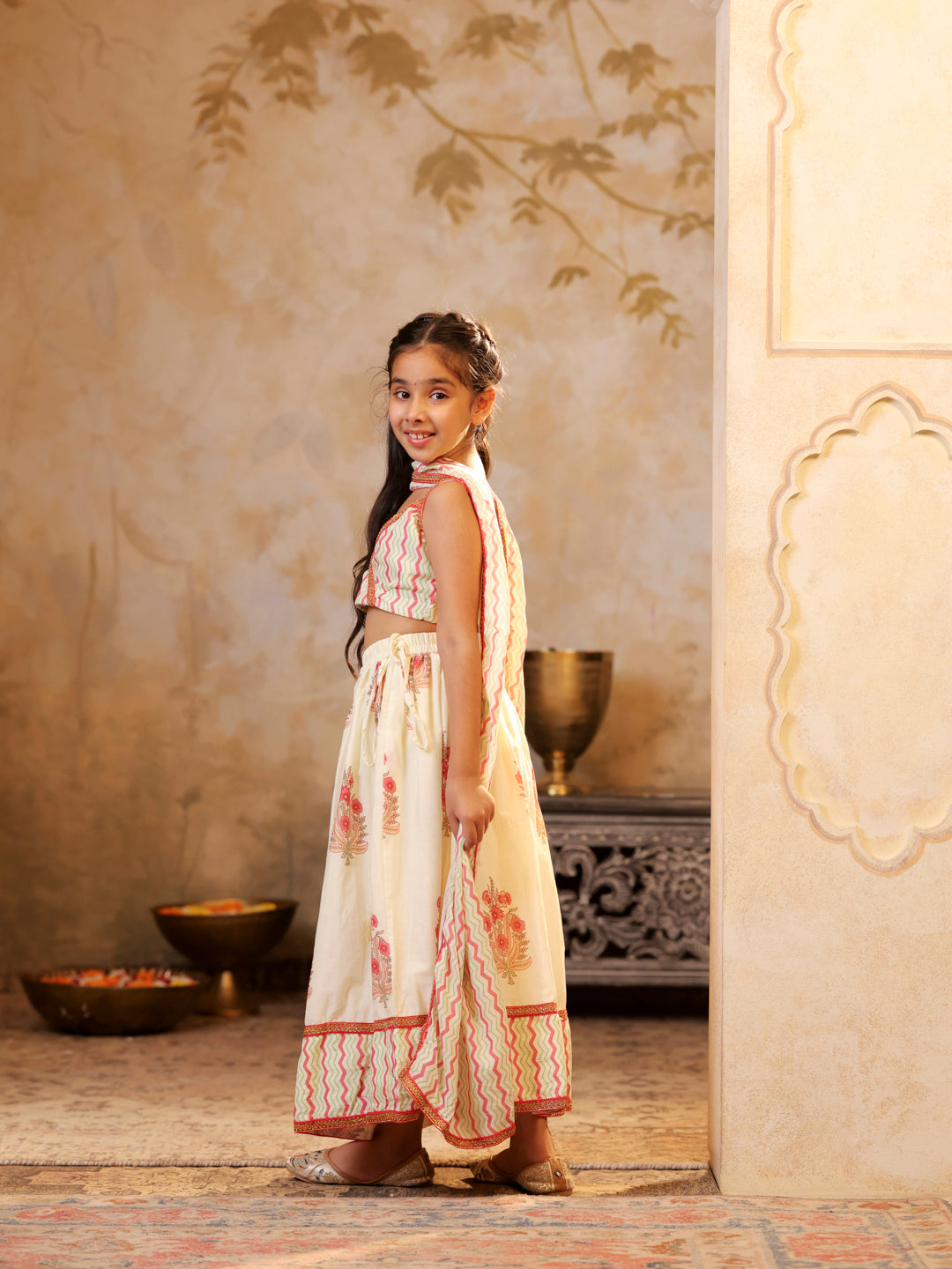 Chevron print strappy top with lehenga and matching dupatta