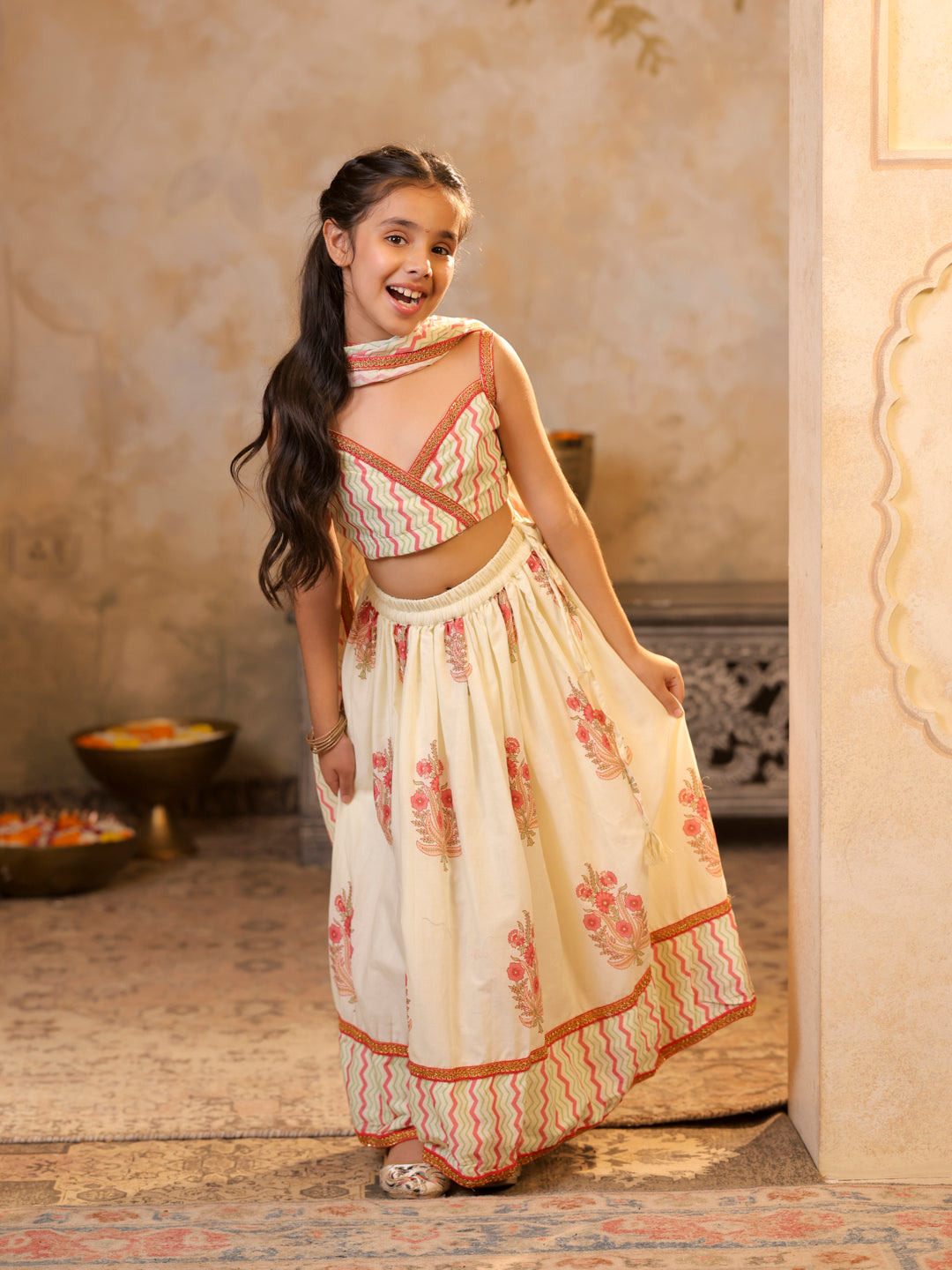 Chevron print strappy top with lehenga and matching dupatta