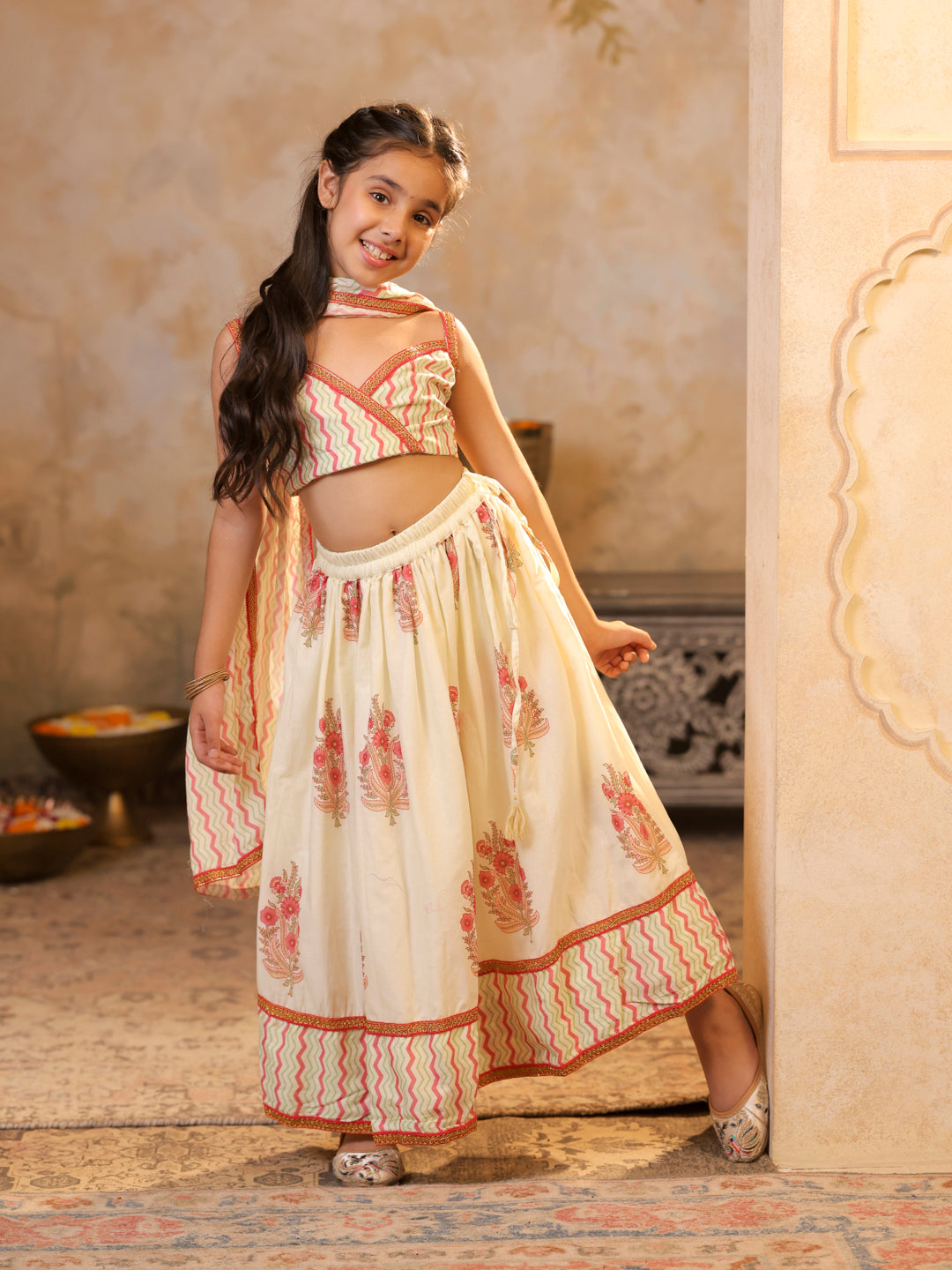 Chevron print strappy top with lehenga and matching dupatta