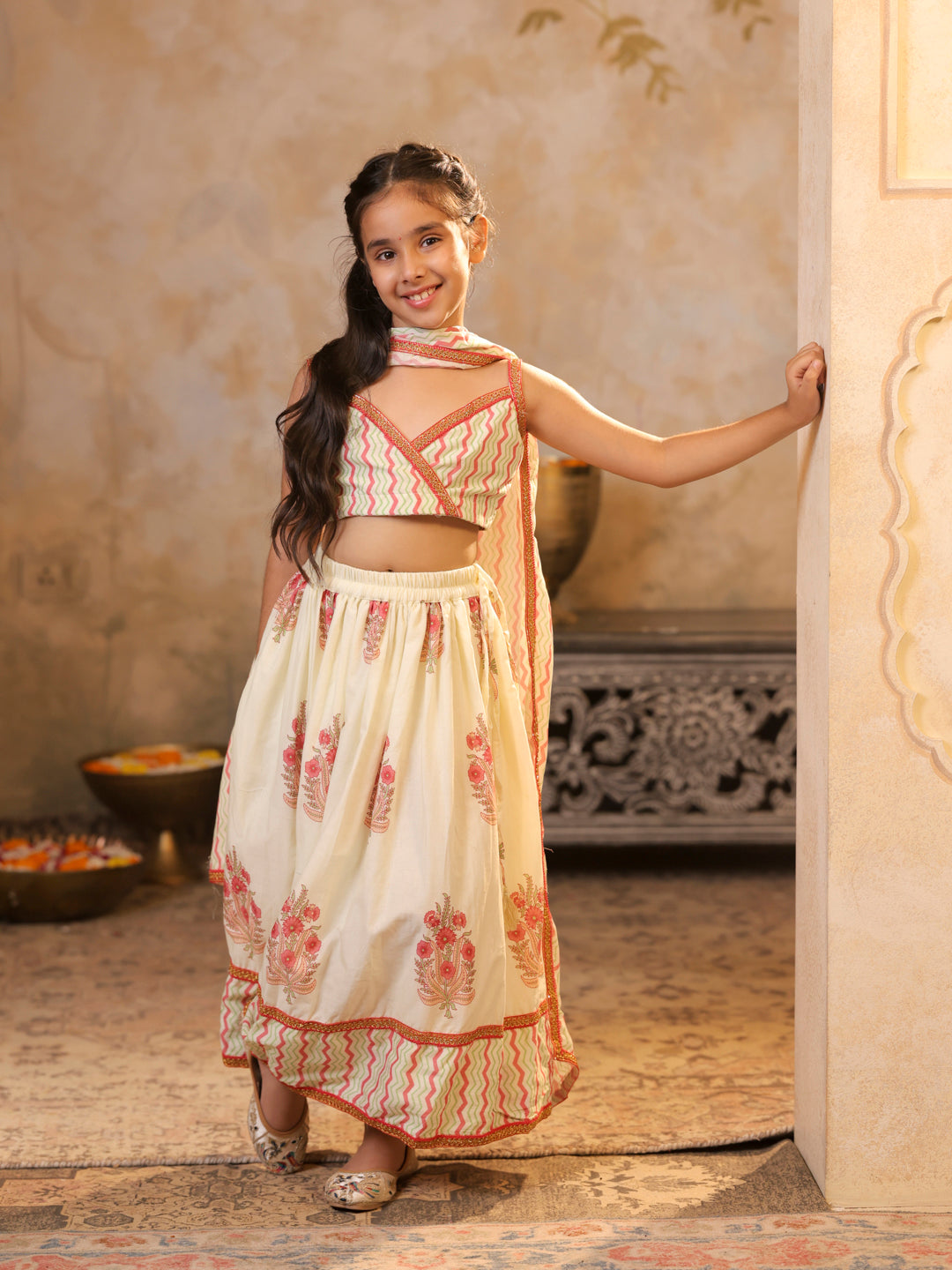 Chevron print strappy top with lehenga and matching dupatta