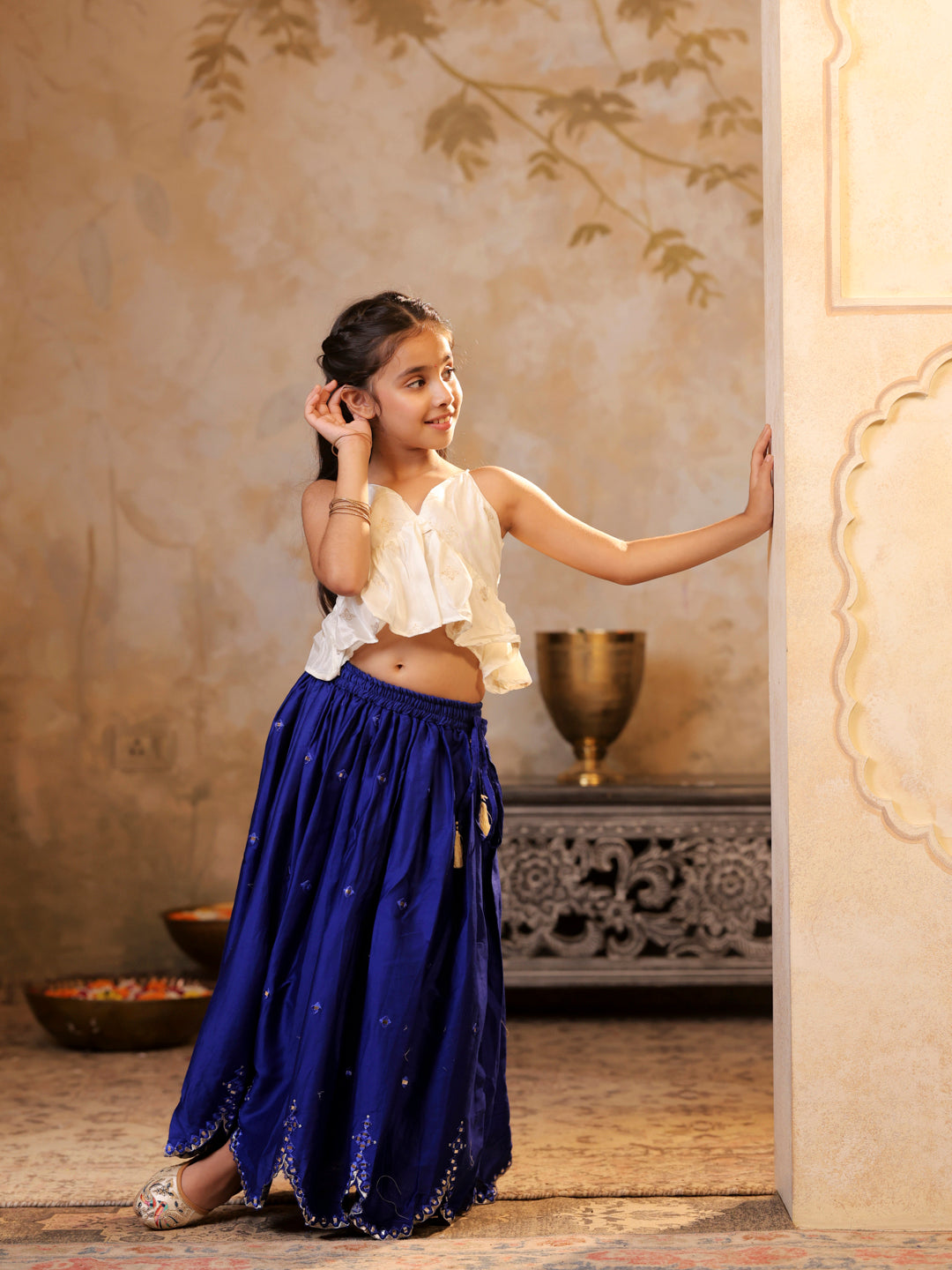 Tie up strap top and faux mirror work lehenga