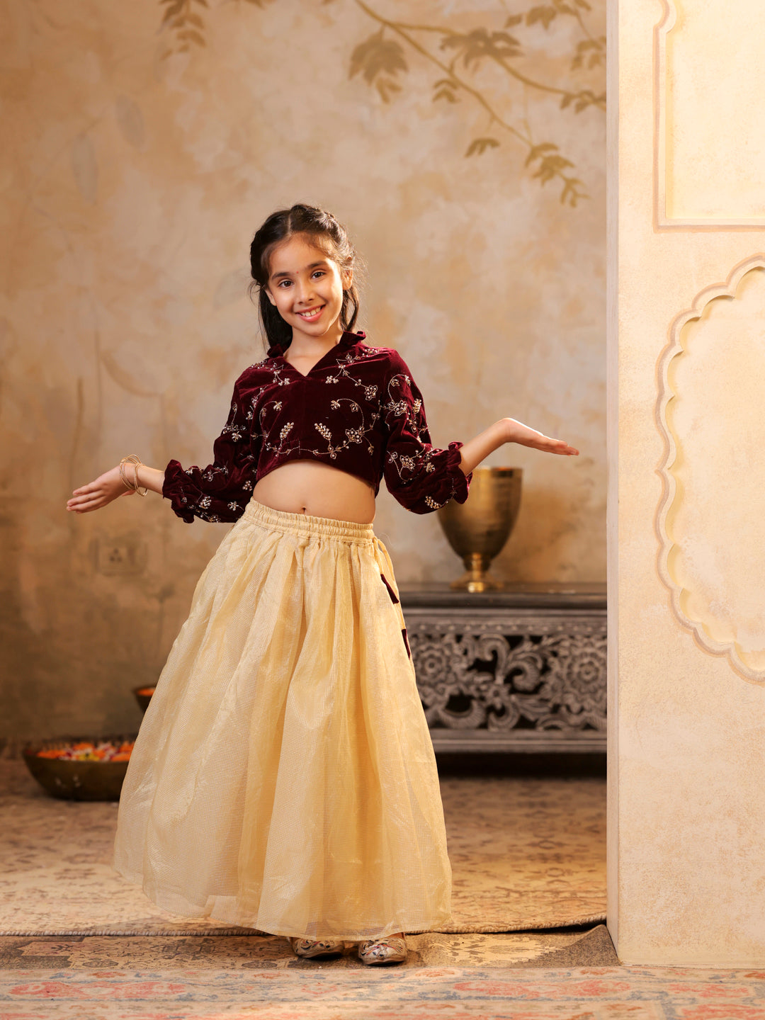 Velvet embroidered top with Tissue lehenga