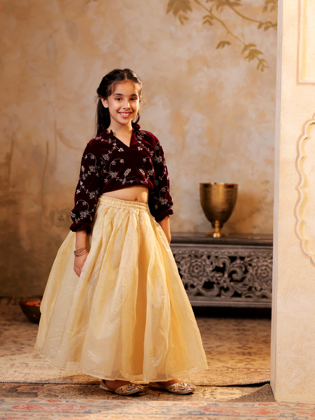 Velvet embroidered top with Tissue lehenga