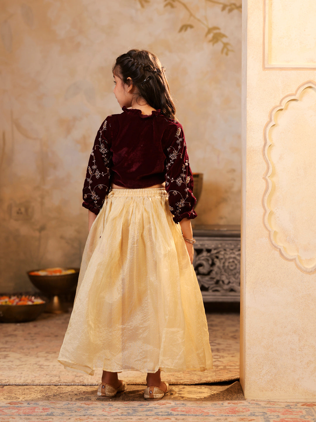 Velvet embroidered top with Tissue lehenga