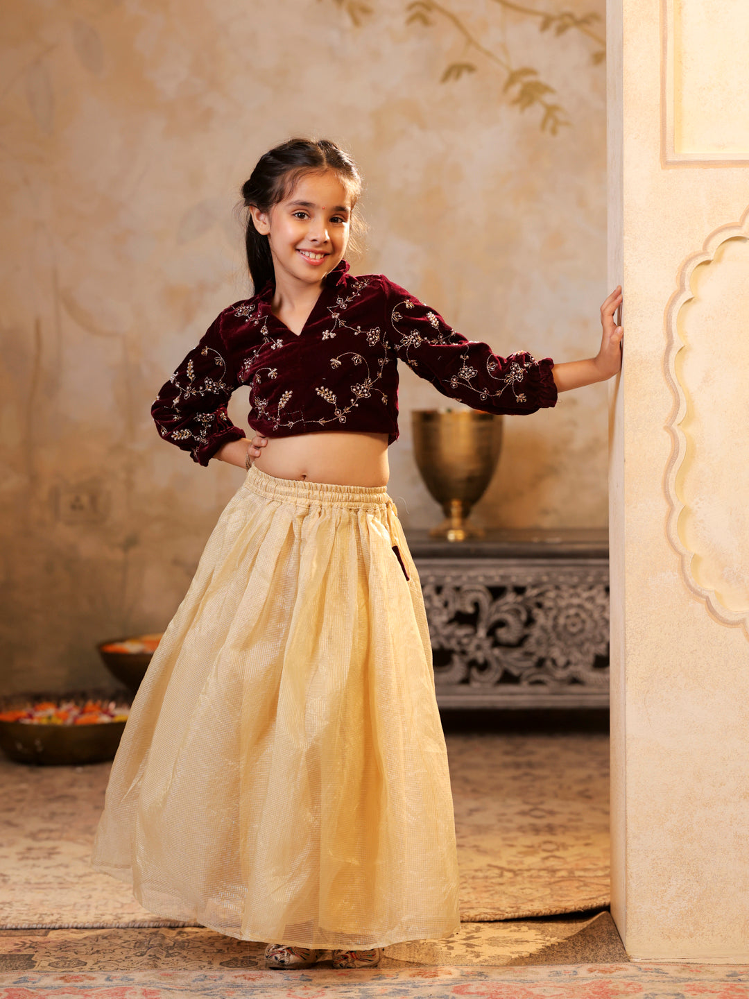 Velvet embroidered top with Tissue lehenga