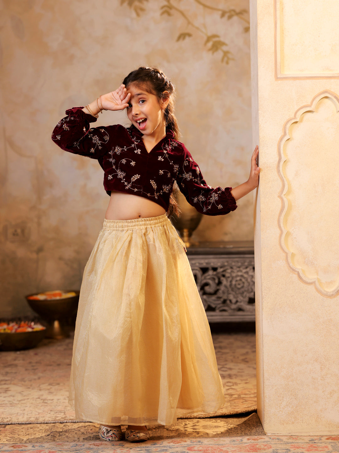 Velvet embroidered top with Tissue lehenga