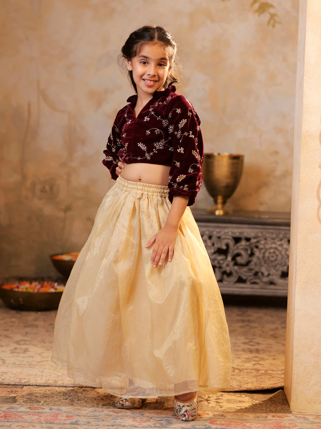 Velvet embroidered top with Tissue lehenga