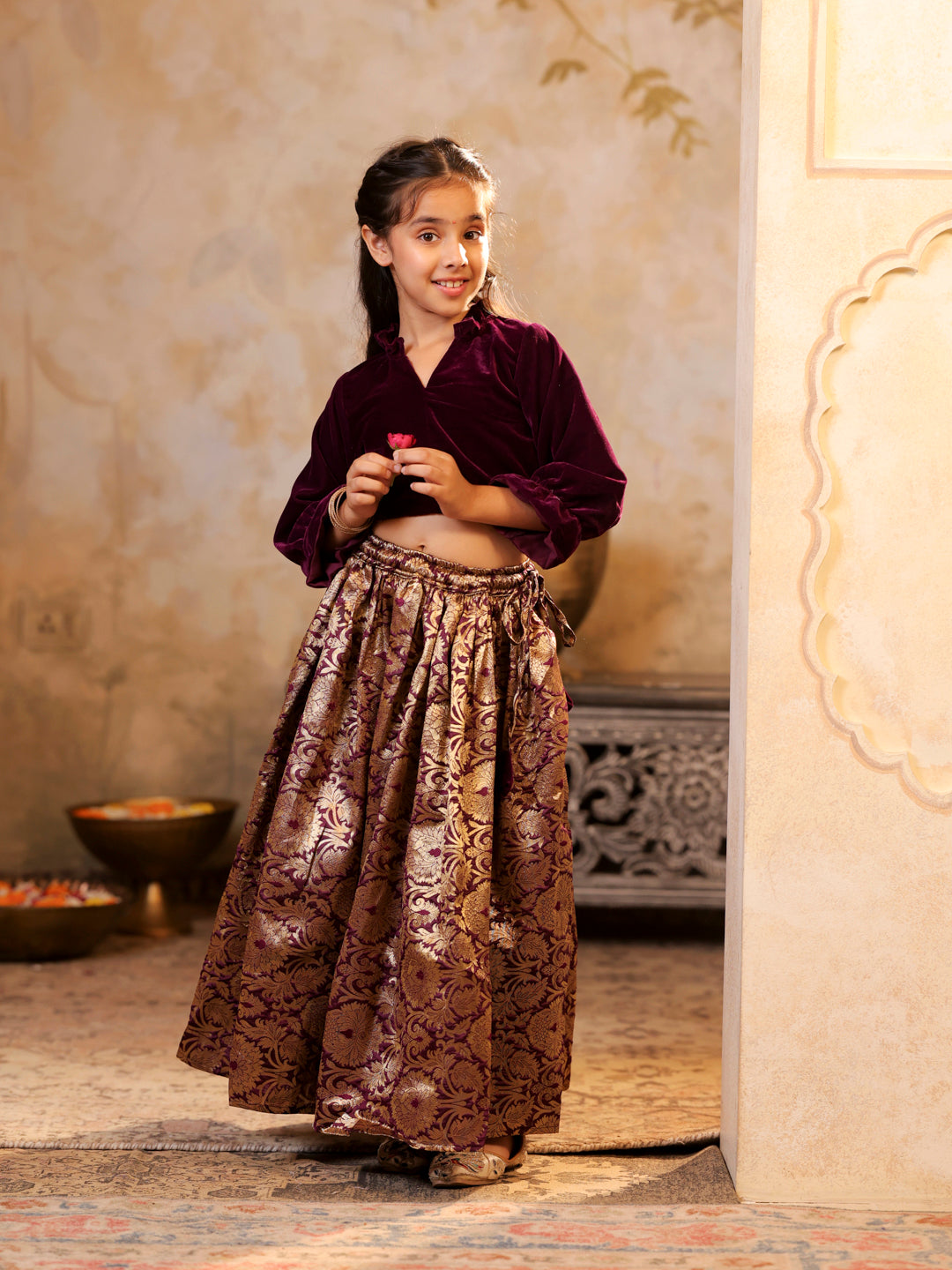 Velvet shirt with Brocade Jacquard floral Lehenga set