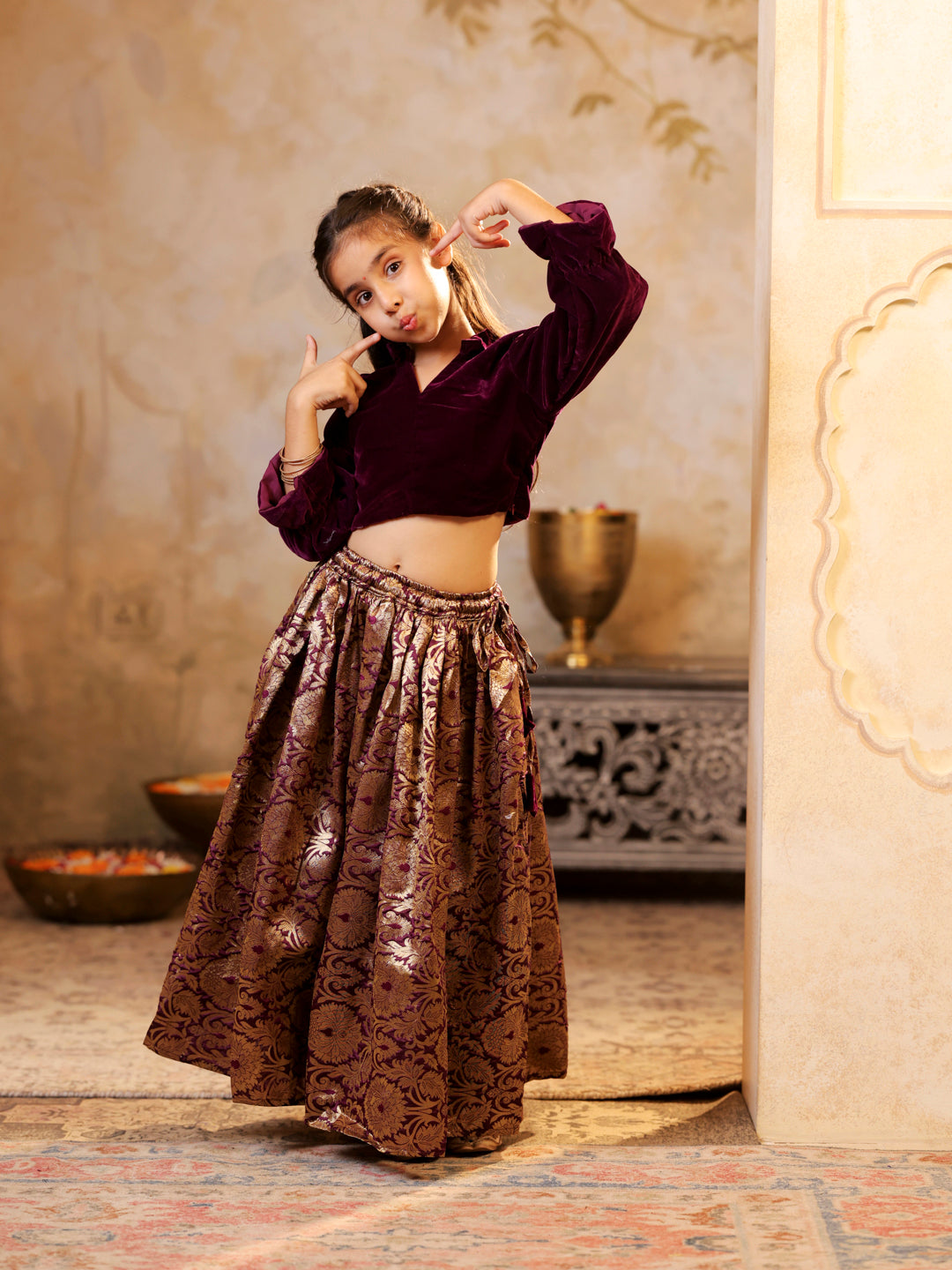 Velvet shirt with Brocade Jacquard floral Lehenga set
