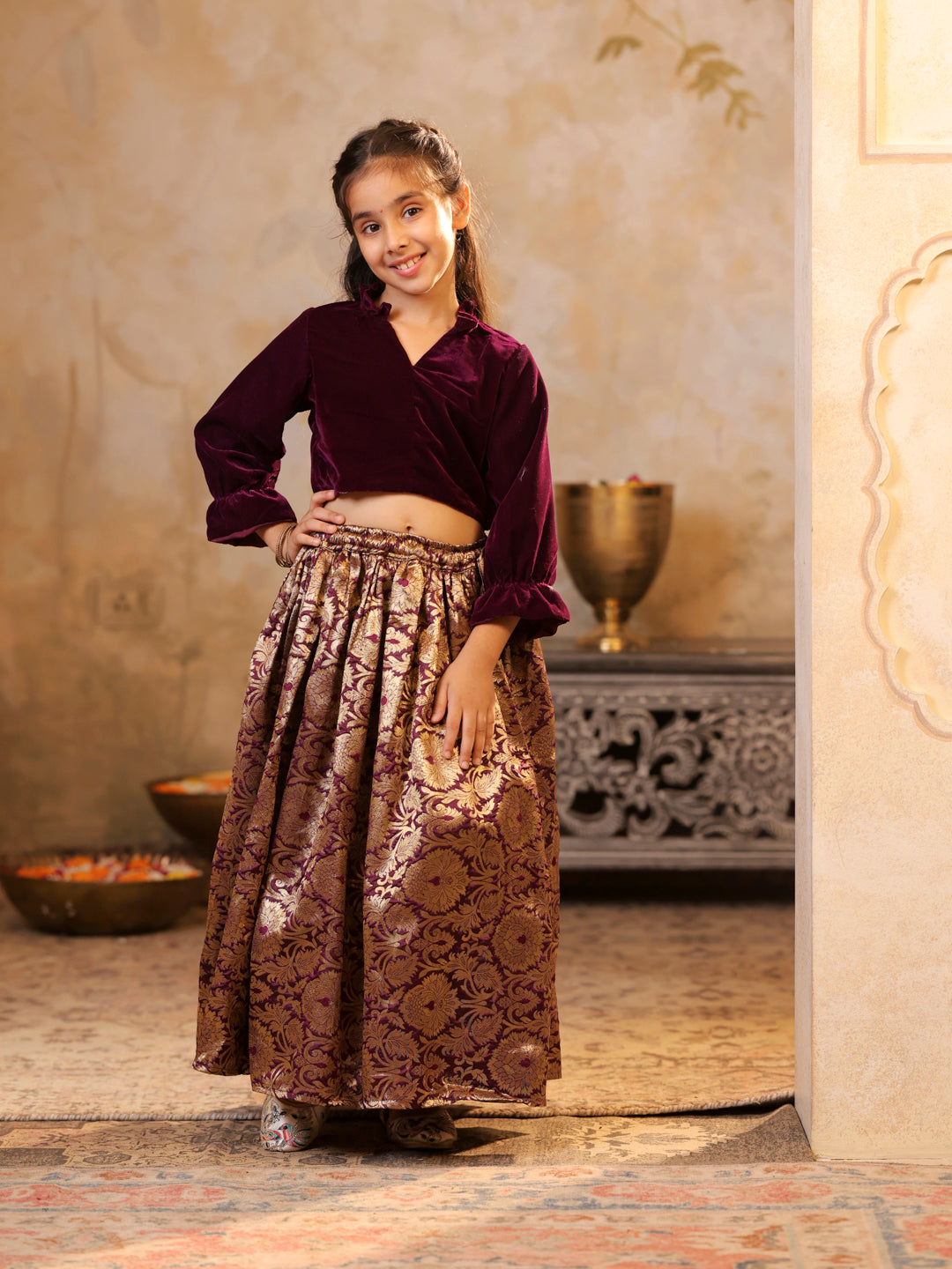 Velvet shirt with Brocade Jacquard floral Lehenga set